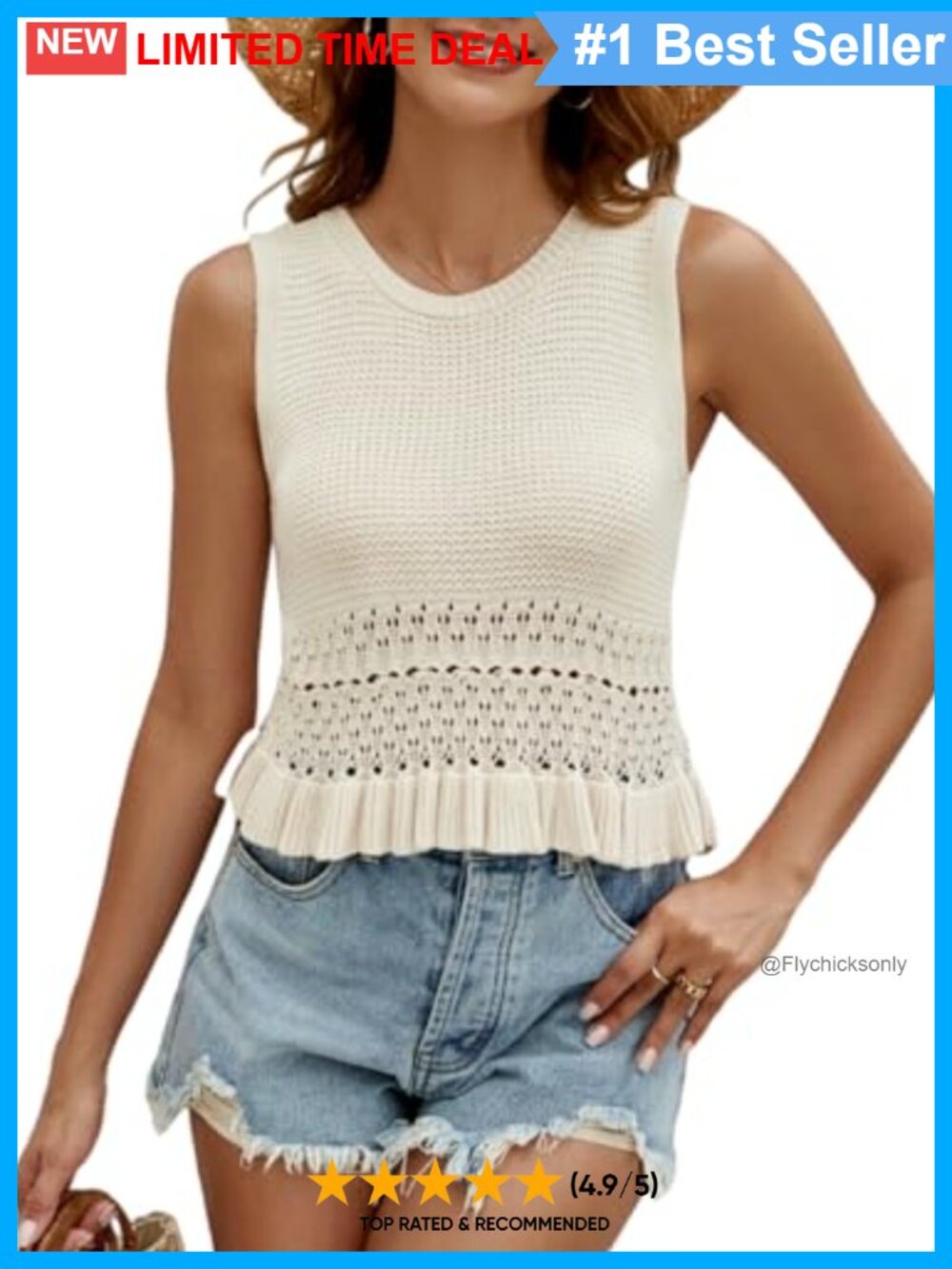 CiCiBird Women's Slim Fit Knit Sleeveless Sweater Vest Crochet Ruffle Hem Tank